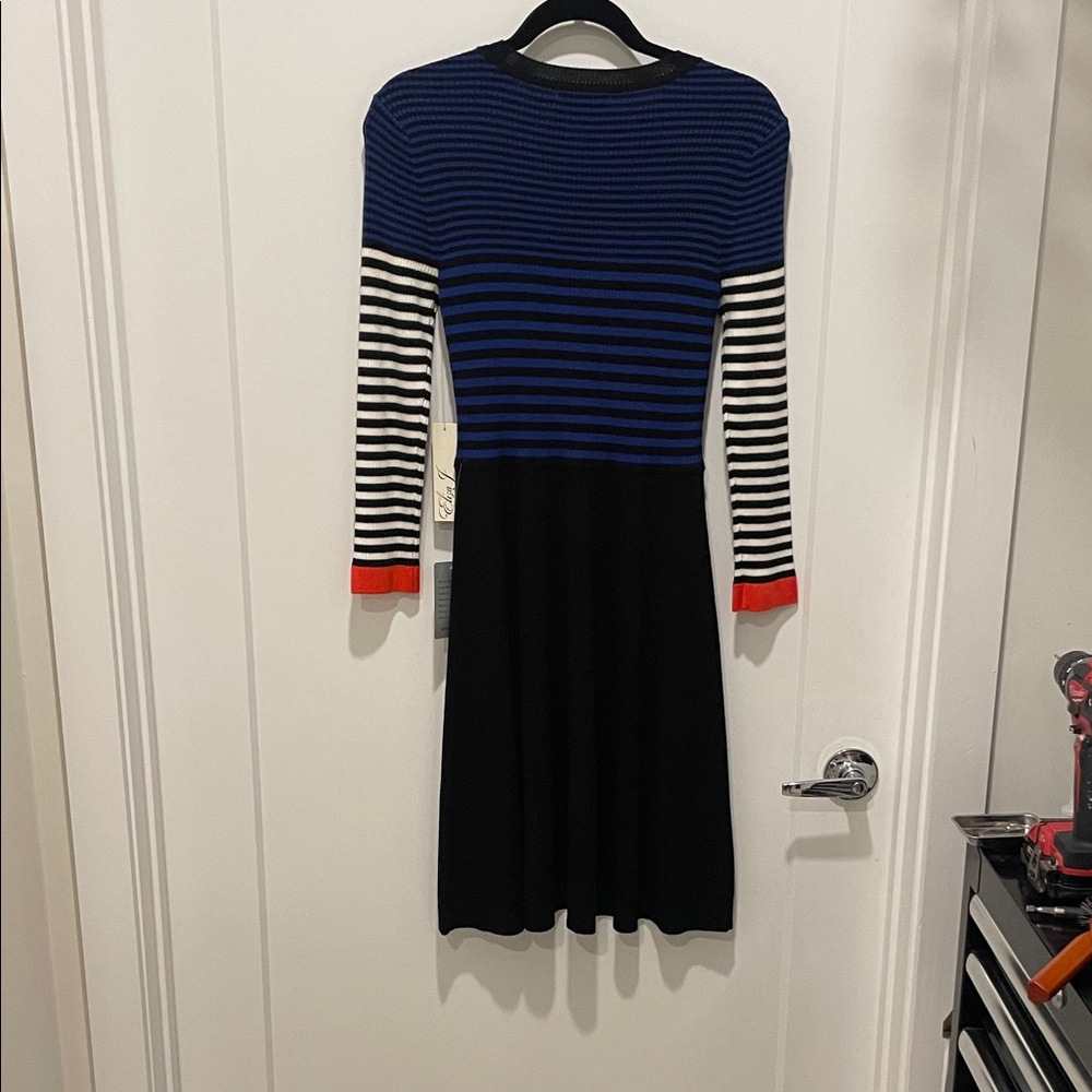 Eliza J Blue and Black Striped Long Sleeve Dress - Picture 2 of 9